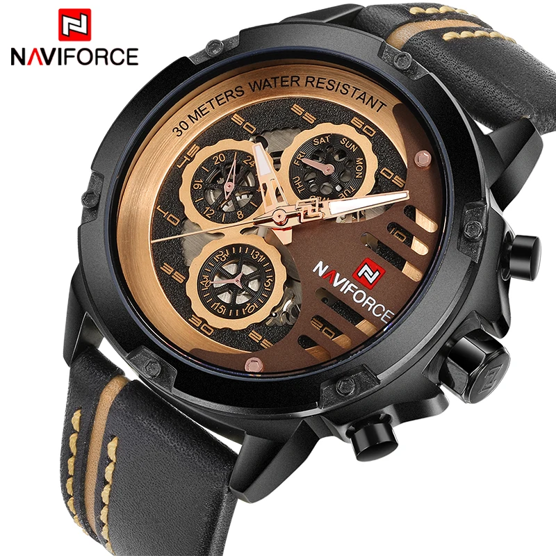 NAVIFORCE Роскошные Брендовые мужские Кварцевые спортивные часы кожаные с полым