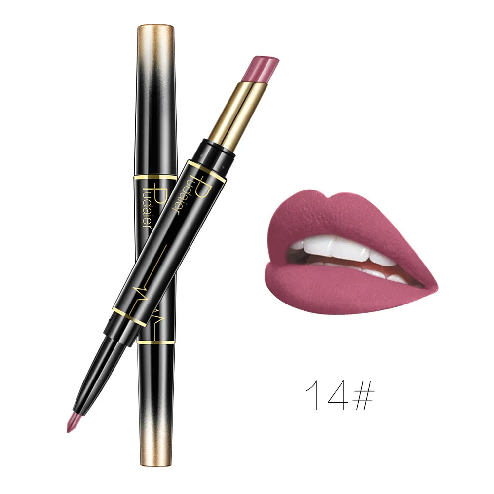 1 шт., 2 в 1, матовая подводка для губ с двумя головками и бесплатными картами для губ, Макияж для губ, водостойкая стойкая пигментная помада, подводка для губ, карандаш TSLM2 - Цвет: 14 with free gift