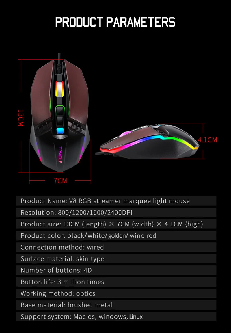 T-WOLF V8 компьютерная проводная мышь для геймера 2400 dpi Регулируемая эргономичная оптическая мышь RGB подсветка офисные USB мыши для настольного ноутбука