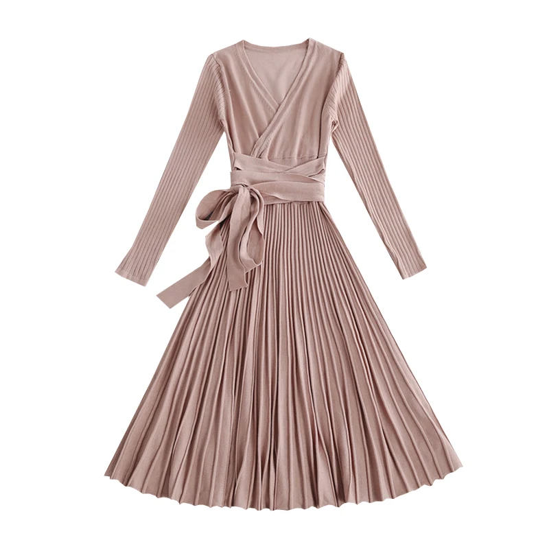 Женское трикотажное платье с V образным вырезом длинным рукавом|knitted dress|sweater