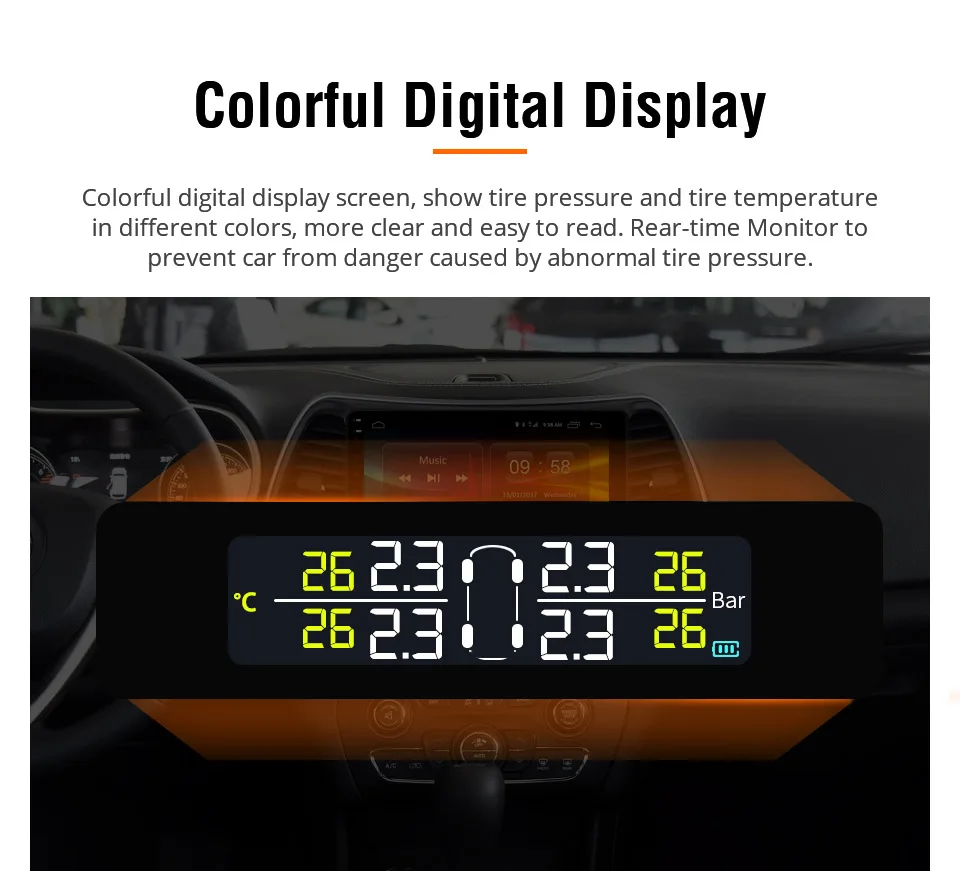 Owice Авто Солнечная энергия TPMS контроль давления в шинах 4 внешних внутренних датчика сигнализация Система безопасности цветной дисплей