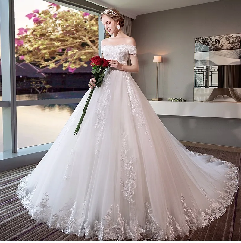 Vestido De Noiva Кот короткий рукав Лодка шеи свадебное платье принцессы царский поезд с кружевной аппликацией Бирдаля платья Плюс Размеры