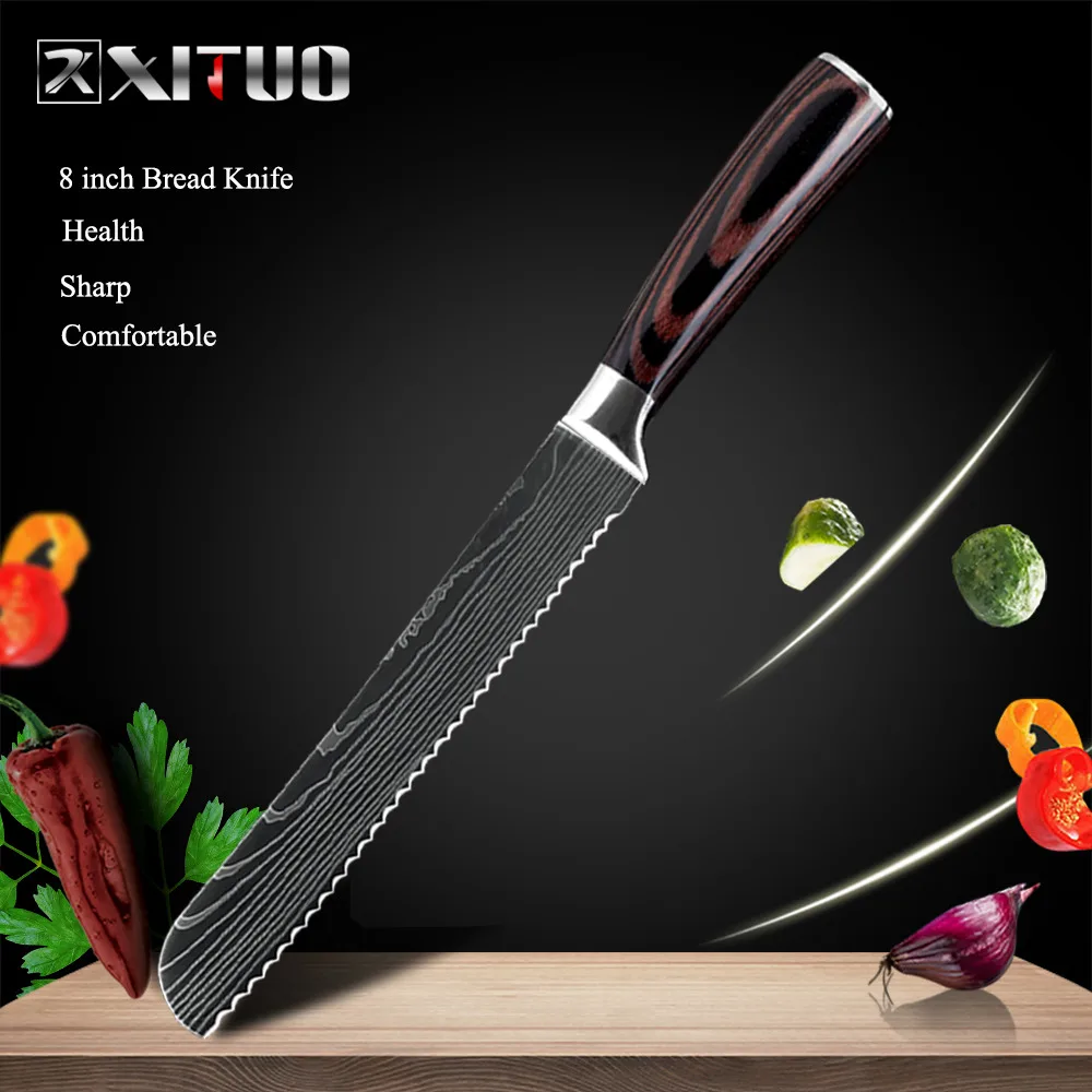 8 in Bread knife XITUO 8 дюймов японские кухонные ножи лазерный дамасский узор нож шеф-повара острый Santoku Кливер нож для нарезки нож инструмент EDC - Цвет: 8 in Bread knife