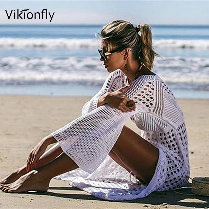 Длинная Пляжная накидка Vikionfly вязаная крючком бикини женский летний белый