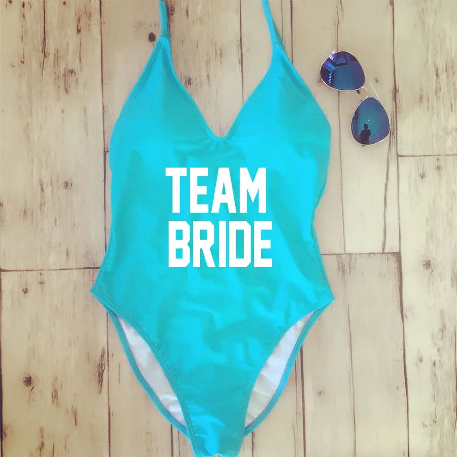 Team Bride Blue Стринги с подкладкой, сексуальный цельный купальник, Одноцветный женский купальник, слитный купальник с открытой спиной, БЕЛЫЙ бразильский купальник, монокини, бикини для невесты - Цвет: Team Bride Blue