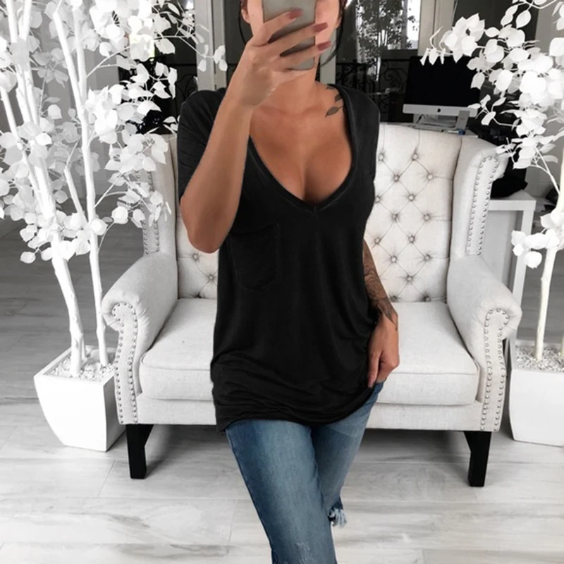 Женская футболка с короткими рукавами и v образным вырезом длинная базовая