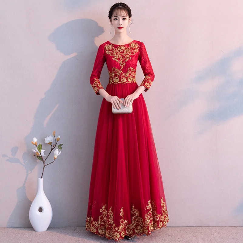 

Красные кружевные платья в восточном стиле с длинным рукавом, винтажное традиционное свадебное платье Чонсам для китайской невесты, вечерн...