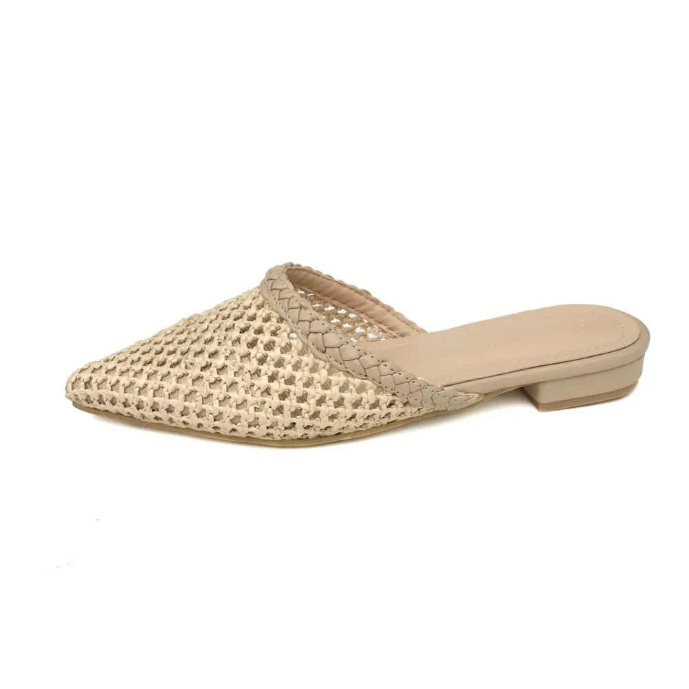 Beige NIUFUNI/женские шлепанцы на низком каблуке с острым носком; летние плетеные сандалии из ротанга; пляжная обувь; женские шлепанцы; обувь на плоской подошве - Цвет: Beige