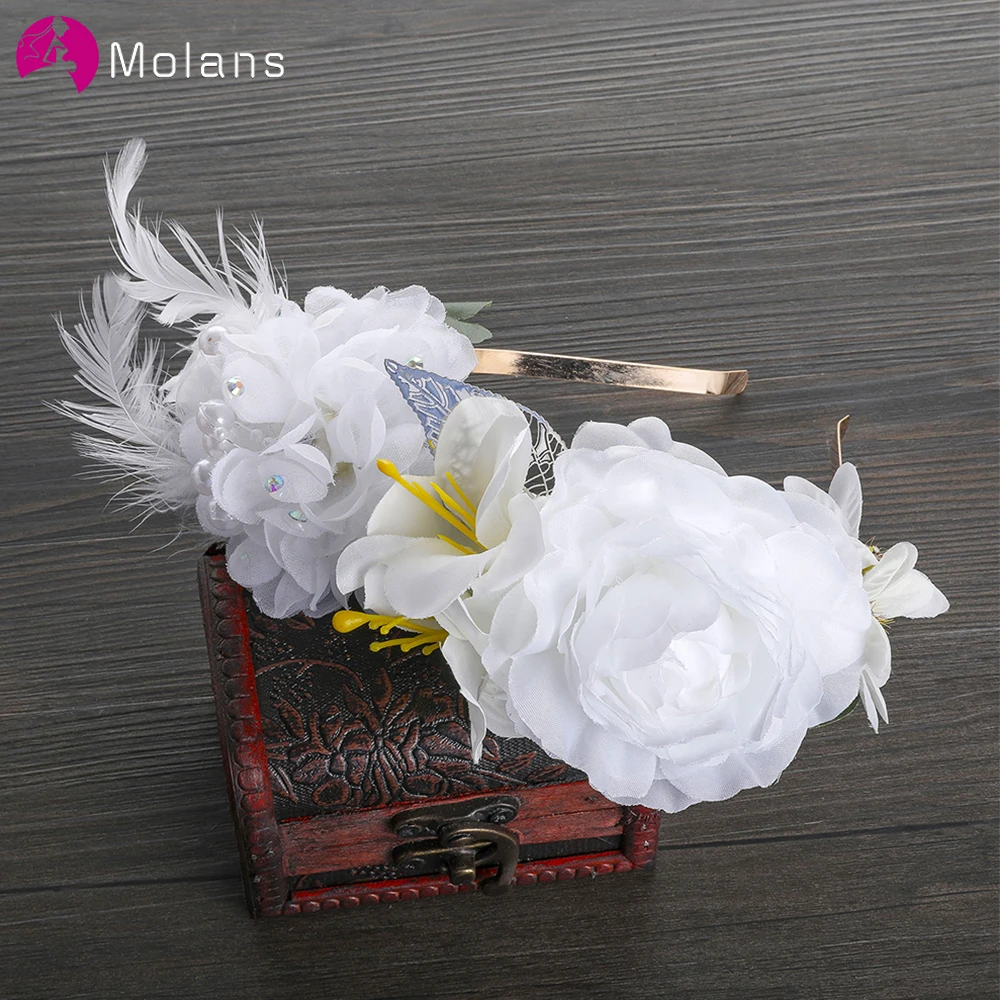 

Повязка на голову MOLANS с белыми цветами для невесты, свадебные аксессуары, простой ободок из сплава с перьями, головной убор