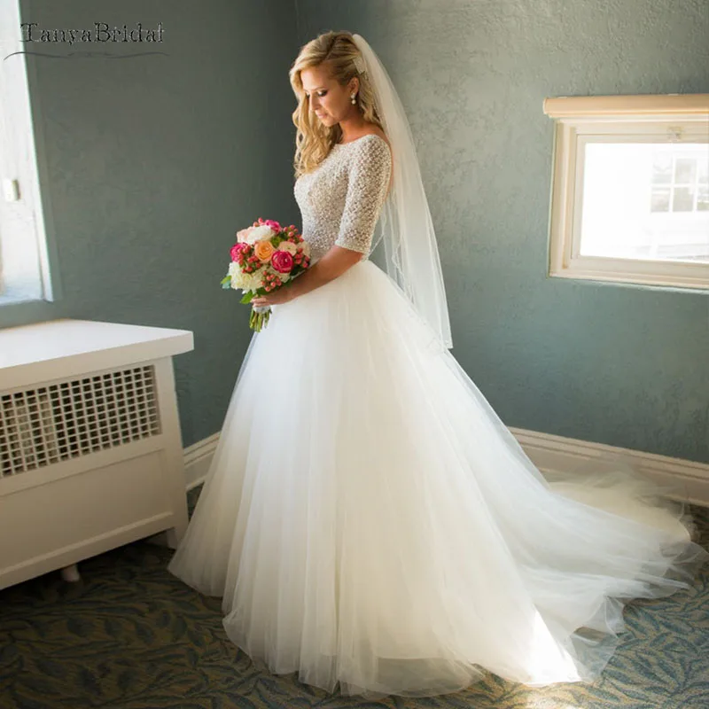 Блестящие Свадебные платья из тюля с рукавом до локтя шикарные свадебные в стиле