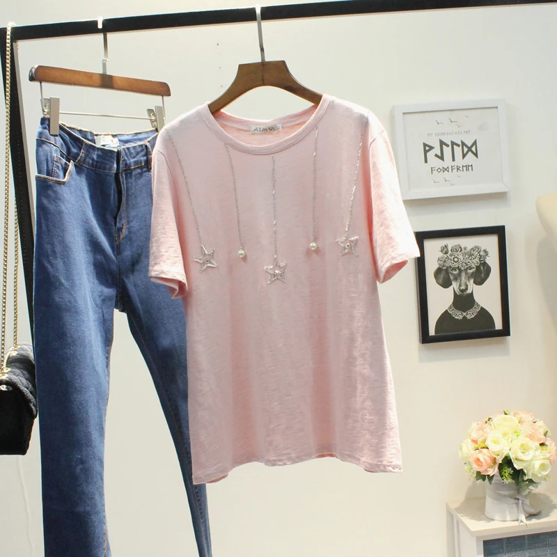 Женская футболка с бисером и звездами свободные хлопковые футболки лето