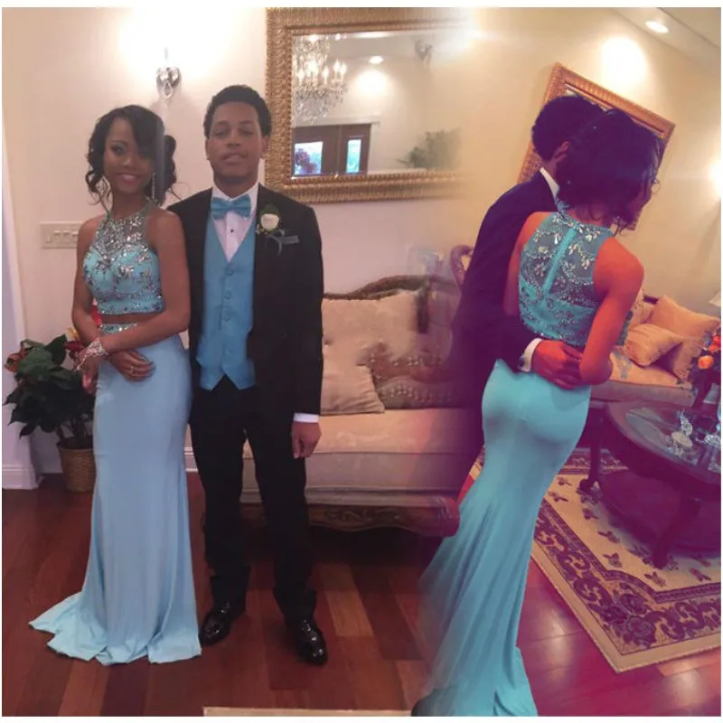 Мода Шифон Бисером O Шеи Русалка Голубой Двух Частей Темно-Бордовый Длинные