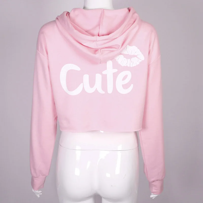 Осенняя Новинка женские толстовки с капюшоном и принтом губ открытым пупком