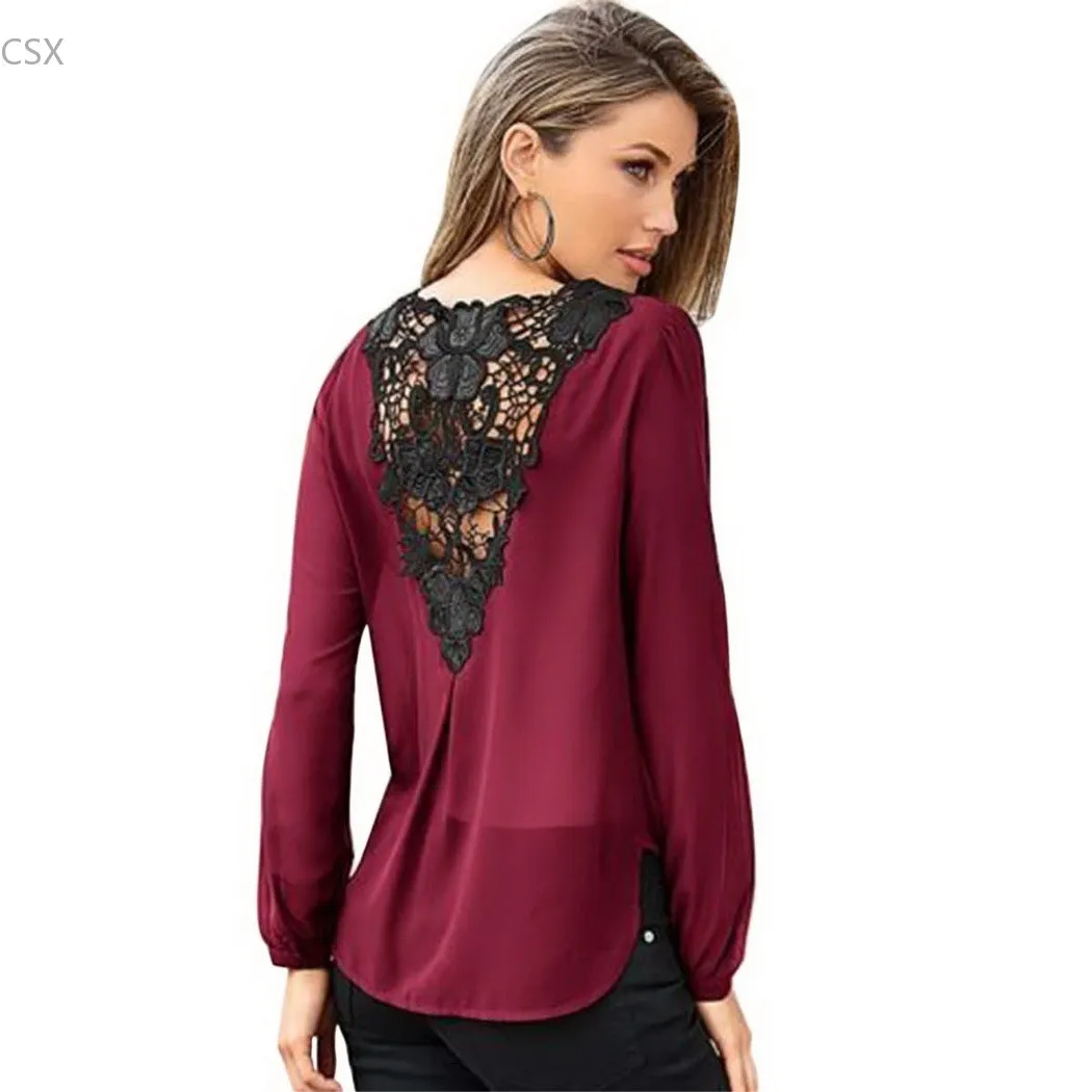 Женская шифоновая блузка с V образным вырезом и цветочным кружевом|shirt elegant|shirt