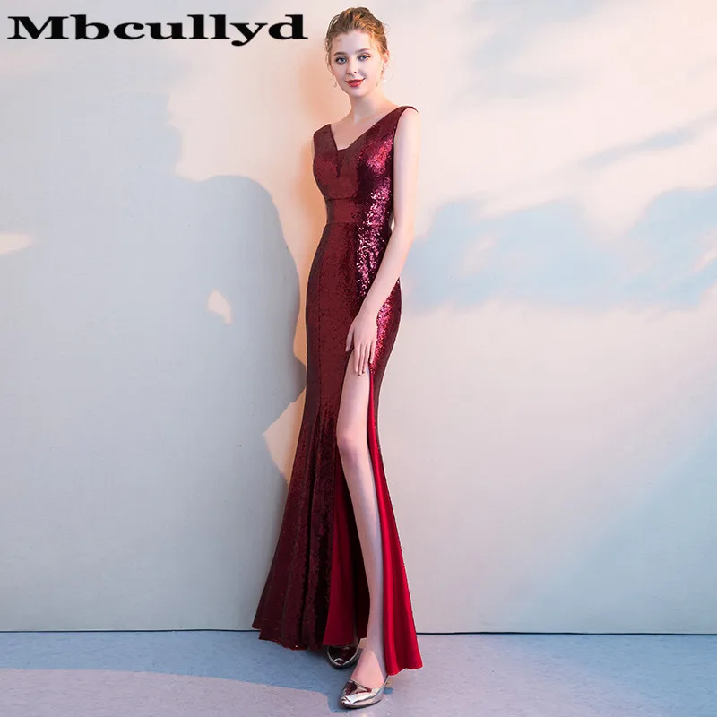 Длинные блестящие темно красные платья Mbcully для выпускного вечера с юбкой годе 2020
