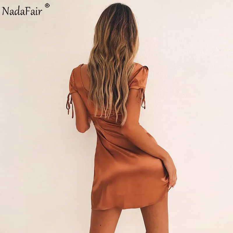 Nadafair, атласное, сексуальное, мини, летнее платье, для женщин, короткий рукав, шелк, вечерние, для клуба, ТРАПЕЦИЕВИДНОЕ ПЛАТЬЕ, с рюшами, квадратный воротник, винтажное, Повседневное платье