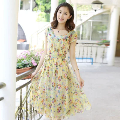 2017 модное тонкое шифоновое женское платье с принтом коротким рукавом и круглым