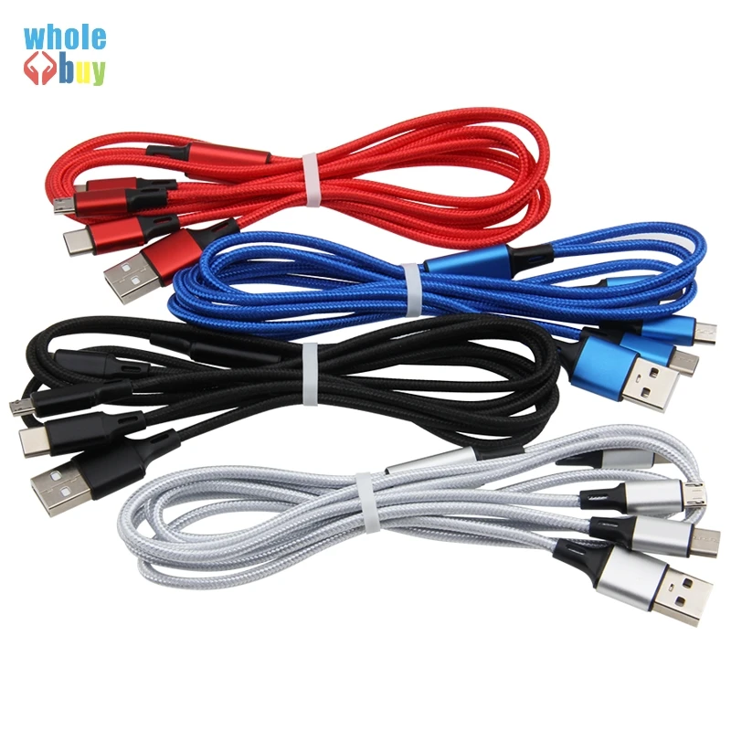 100 шт./лот нейлоновая плетеная ткань 3 в 1 USB Type C Micro 5pin 8pin кабель для быстрой зарядки