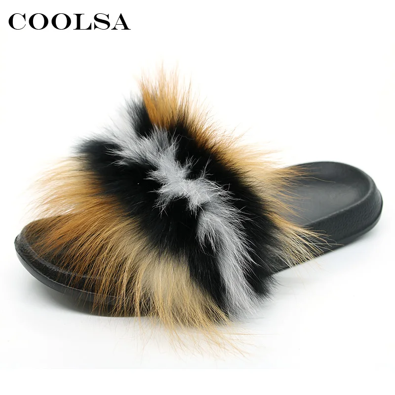 Khaki black white Coolsa/летние женские шлепанцы из лисьего меха; шлепанцы без задника с натуральным мехом; женские домашние Вьетнамки; повседневные сандалии с мехом; модная пушистая плюшевая обувь - Цвет: Khaki black white