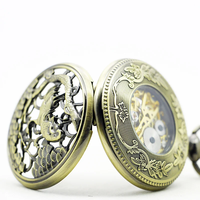 Antique Pine Tree Red Crowned Crane Embossed Mechanical Pocket Watch Vintage Gentleman Style Accessories Pendant Necklace Clock