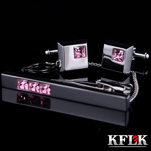 

KFLK Jewelry Cuff links necktie clip High Quality tie pin for mens Pink Crystal tie bars cufflinks tie clip set guests