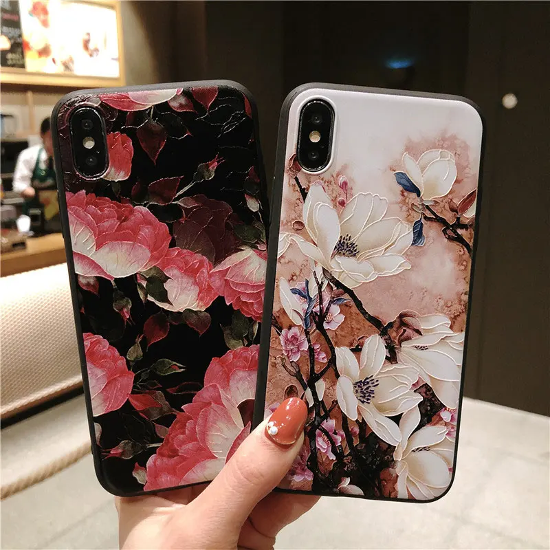 Boucho Flower Case For iPhone 7 Plus XS Max XR 3D Relief Rose Floral Phone X 8 6 6S 5 SE 5S TPU Cover | Мобильные телефоны и