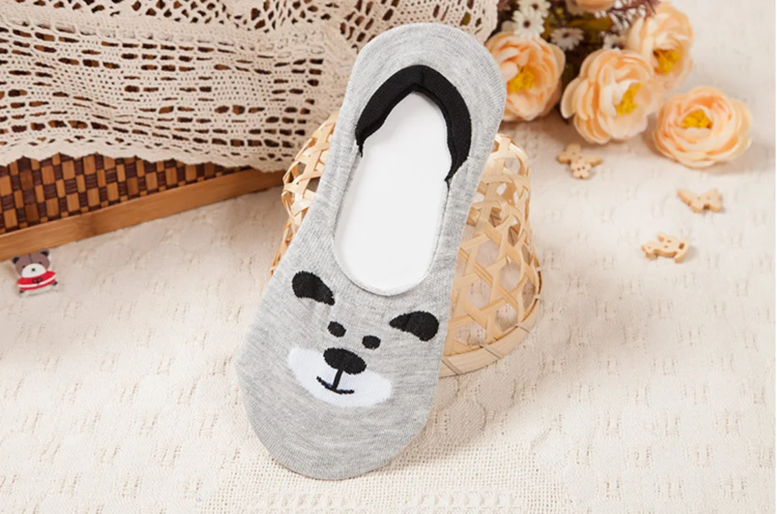 Jeseca 5 Pairs/Lot Women Cotton Sock Cartoon Animal Cute No Show Sock Japanese Kawaii School Student Invisible Non-slip Boat Sox