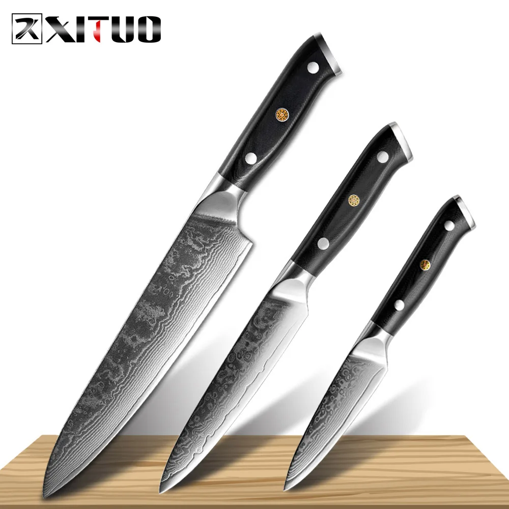 3PCS Set XITUO Кухня шеф-повара Ножи комплект VG10 Дамаск Сталь 67-история ломтики Nakiri кирицукэ суши Ножи кости японский Ножи Пособия по кулинарии инструменты - Цвет: 3PCS Set