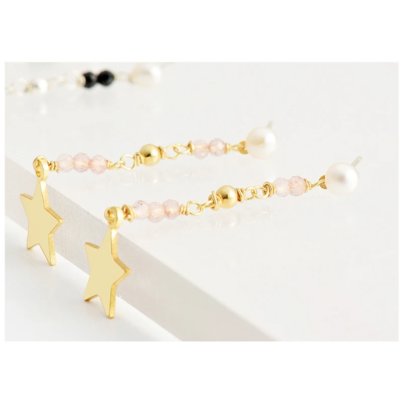 INALIS New Elegant Drop Earrings 925 Sterling Silver Star Pendant with Natural Pearl Black Pink Stone Dangle Brincos for Women | Украшения