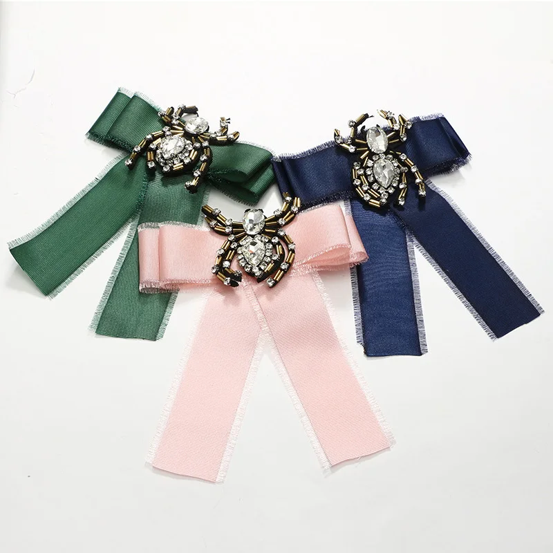 Bohemian Fabric Bowknot Brooches For Women Bow Neck Tie Inlay Rhinestone Spider Brooch Wedding Party Clothing Accessories Broche | Украшения