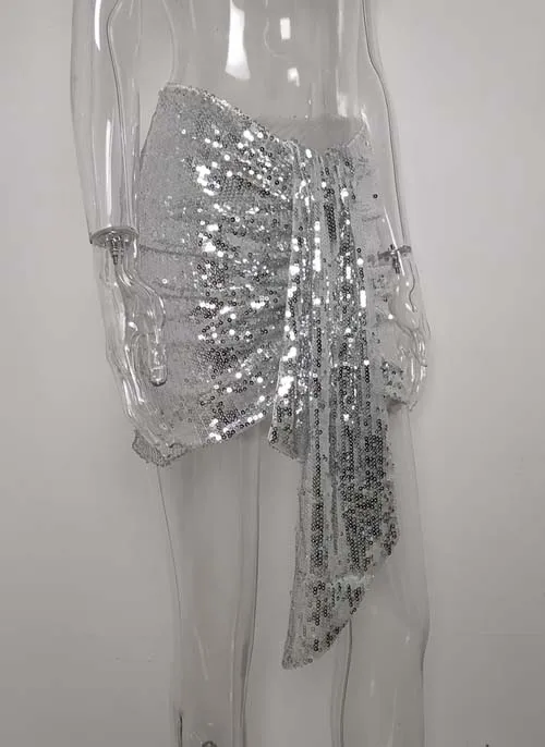 Silver Sequin Skirt JillPeri, без рукавов, с блестками, микро платье, цветочный, с рюшами, стрейч, для ночного клуба, блестящий костюм, Драпированное Короткое мини-платье для дня рождения - Цвет: Silver Sequin Skirt