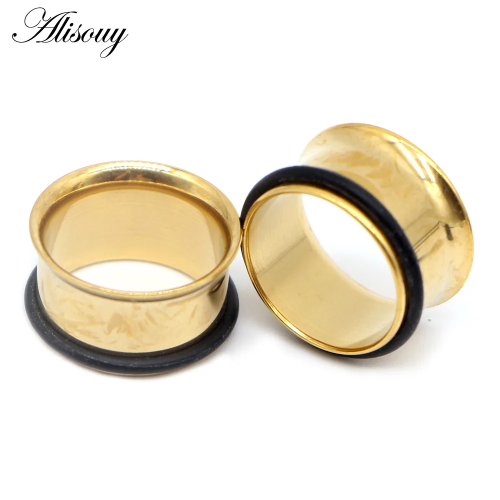 EM0258D Gold 2 шт. хирургическая Сталь с однородным блеском плоть полые туннель ухо вставки, расширитель украшения для «тоннелей» Серьги Измерительные Приборы тоннелей, бижутерия для пирсинга - Окраска металла: EM0258D Gold