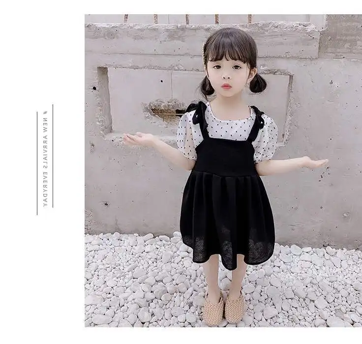 Детская одежда Mihkalev летняя для девочек футболка в горошек + черное платье