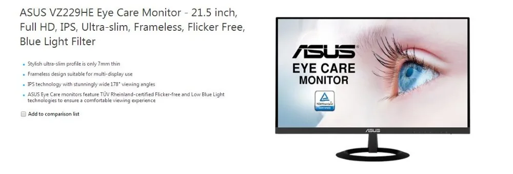 ASUS VZ229HE монитор для ухода за глазами-21,5 Дюймов, Full HD, ips, ультратонкий, Бескаркасный, без мерцания, фильтр синий светильник
