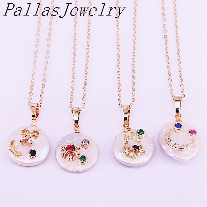8Pcs New fashion freshwater pearl and delicate zircon micro pave coin shape Charms Pendant Necklace