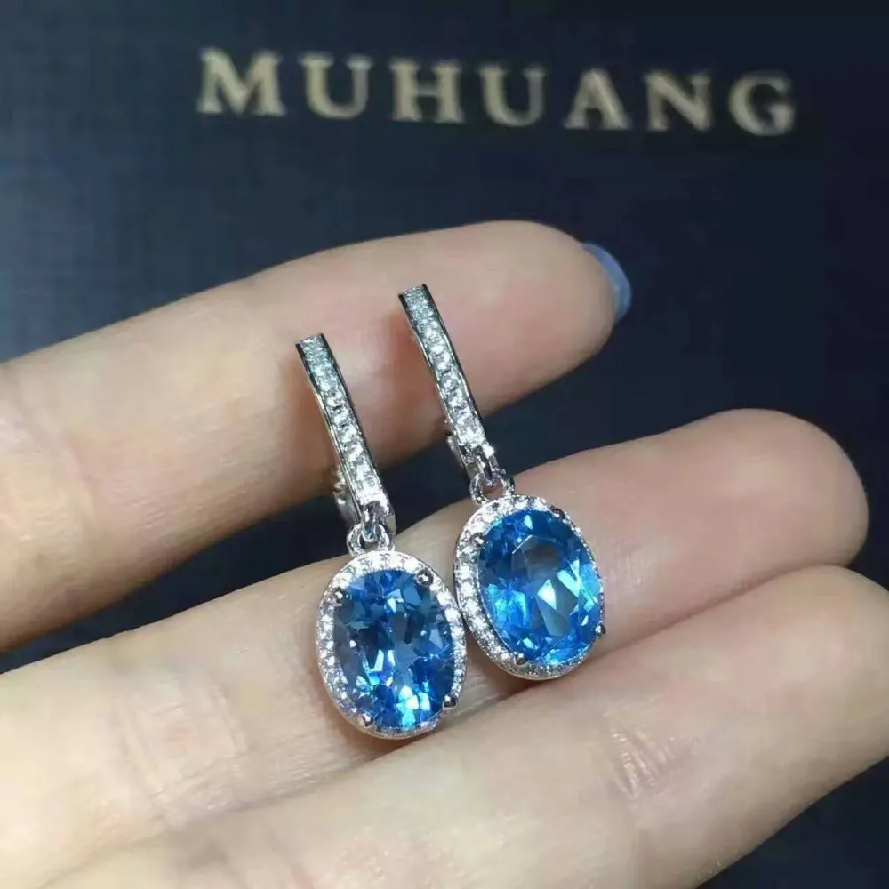 Серьги-капли с натуральным голубым топазом, 925 серебро, серьги с натуральным драгоценным камнем, женские классические элегантные круглые вечерние серьги-капли