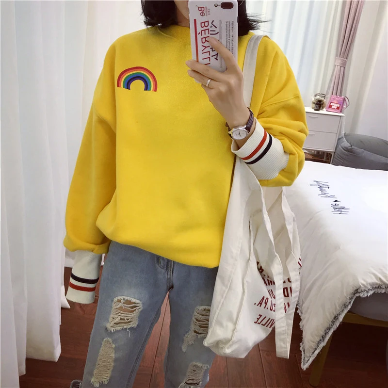 YouGeMan Осень Зима Кофты женские Толстовки корейский Ulzzang Harajuku Радуга полосатый бархат толстовка Девушка Пуловеры Топы