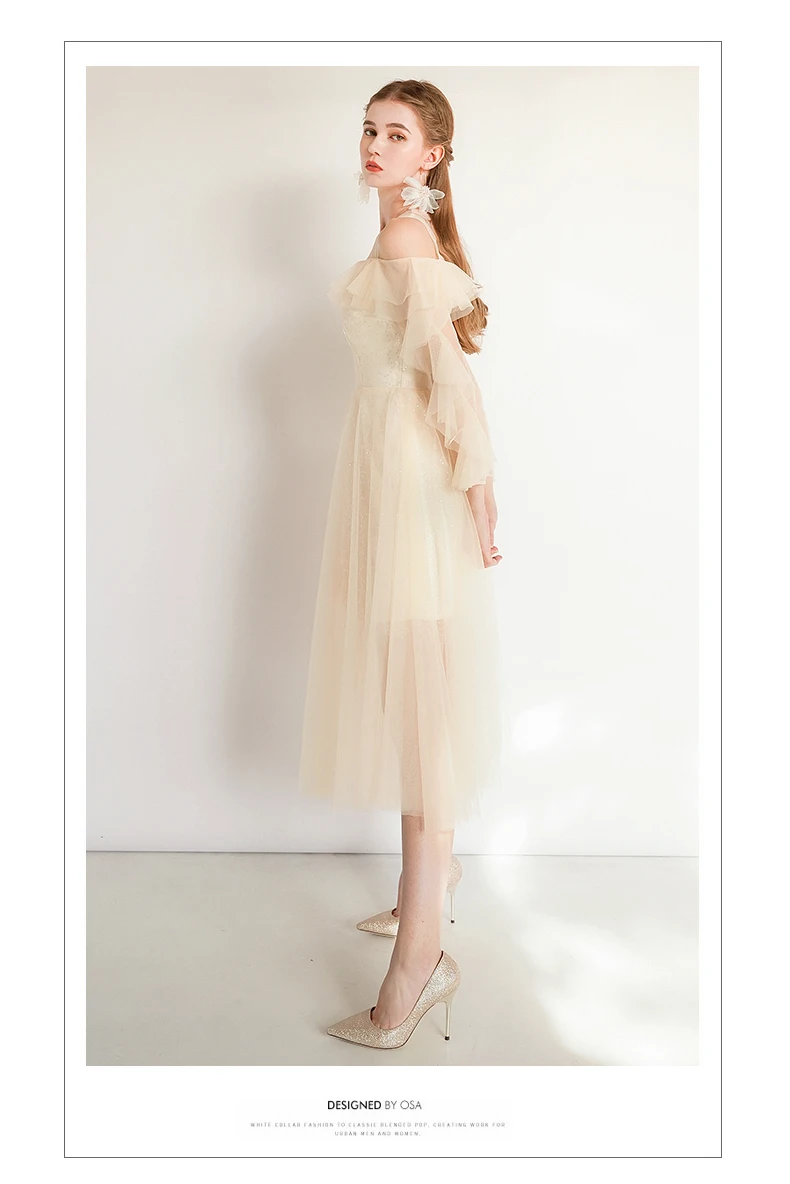 He's Bride Dream Champagne Lace Cocktail Party Dress Simple Zipper Back Tea-Length Long Sleeves for Women Robe De Soiree | Свадьбы и
