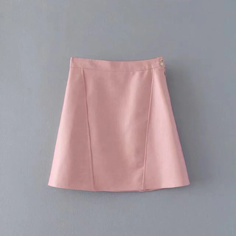 C Pink JuneLove модная женская юбка из искусственной кожи с высокой талией, Женская мини-юбка на молнии - Цвет: C Pink