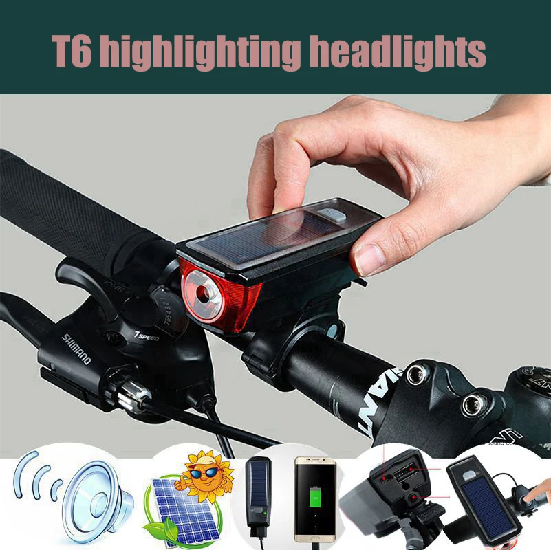 Светодиодный фонарь для велосипеда USB перезаряжаемая на солнечной батарее 2000 мАч