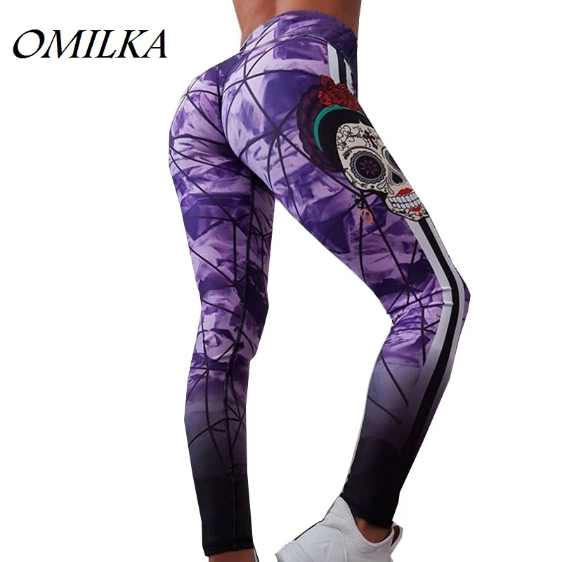 

OMILKA 2019 Spring Women High Waist Skull Printed Pencil Pants Sexy White Purple Hip Hop Club Party Skinny Pants Trousers