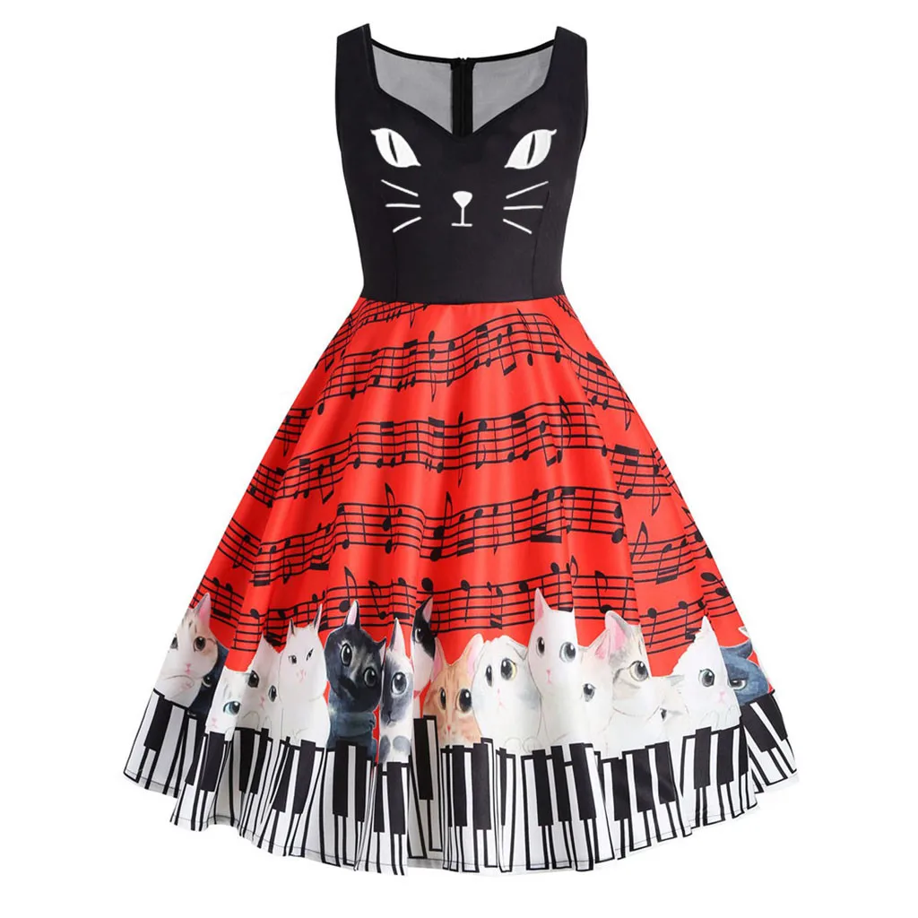 Женское платье женское с принтом кошки музыкальная нотка без рукавов v образный