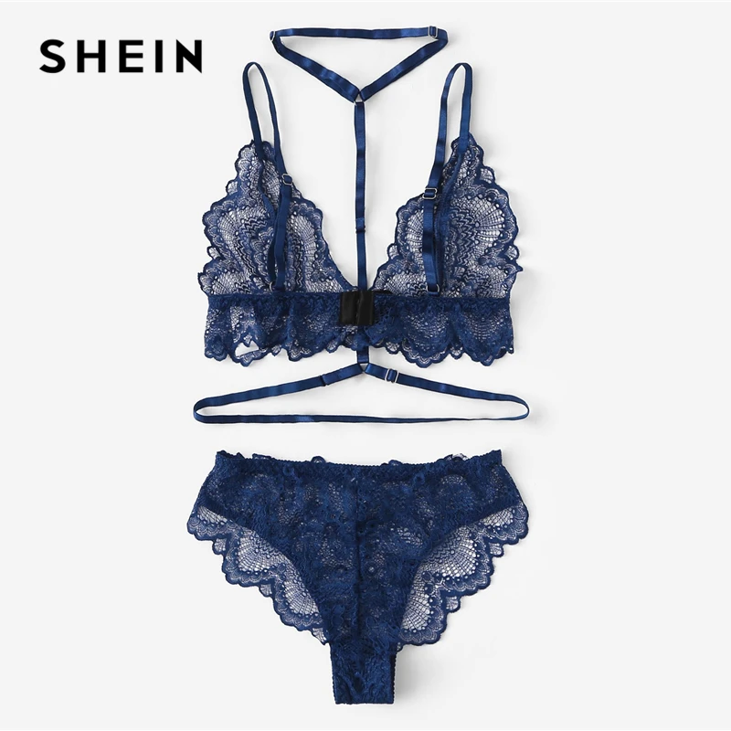 SHEIN Кружевной Комплект Белья С Фестонами Сексуальное Женское Белье С V-образным Вырезом Без Рукавов