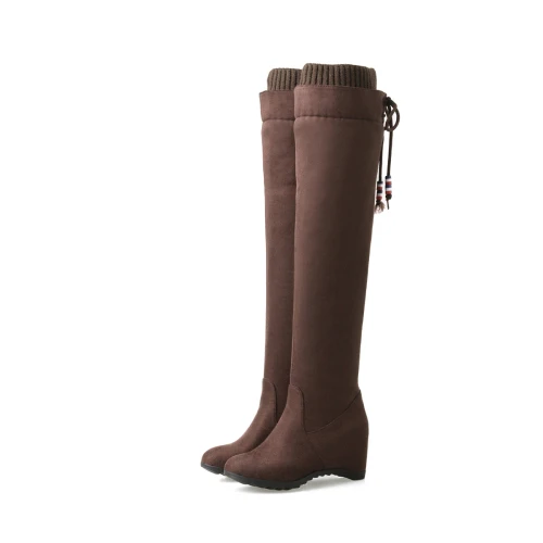 brown (spring) Новинка; модные вязаные высокие сапоги до бедра; женская обувь на скрытой танкетке, увеличивающая рост; сапоги на высоком каблуке; зимние женские высокие сапоги - Цвет: brown (spring)