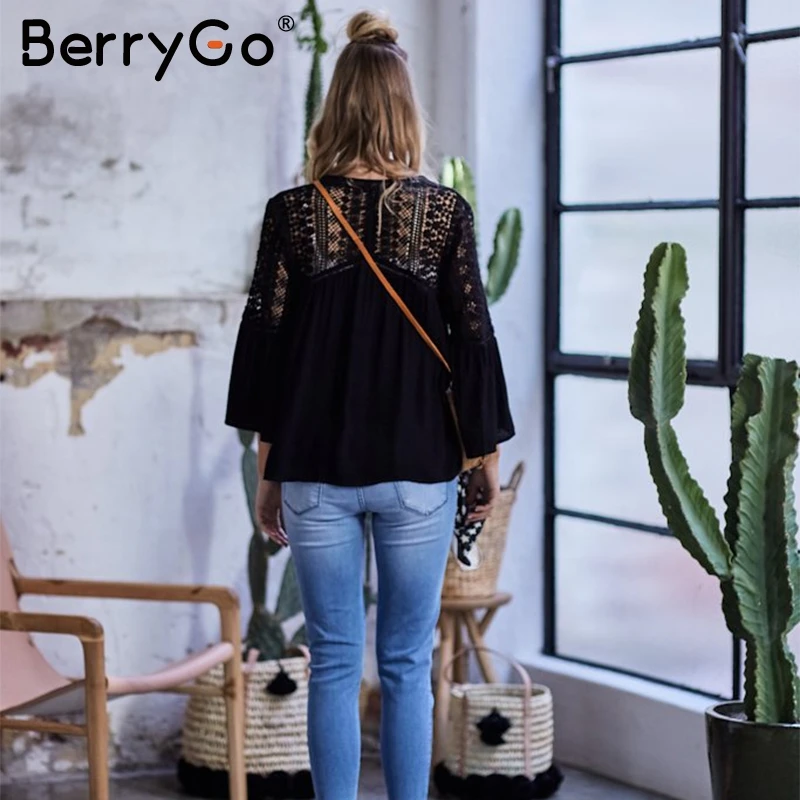 Женская кружевная блузка BerryGo элегантная шифоновая с v образным вырезом и