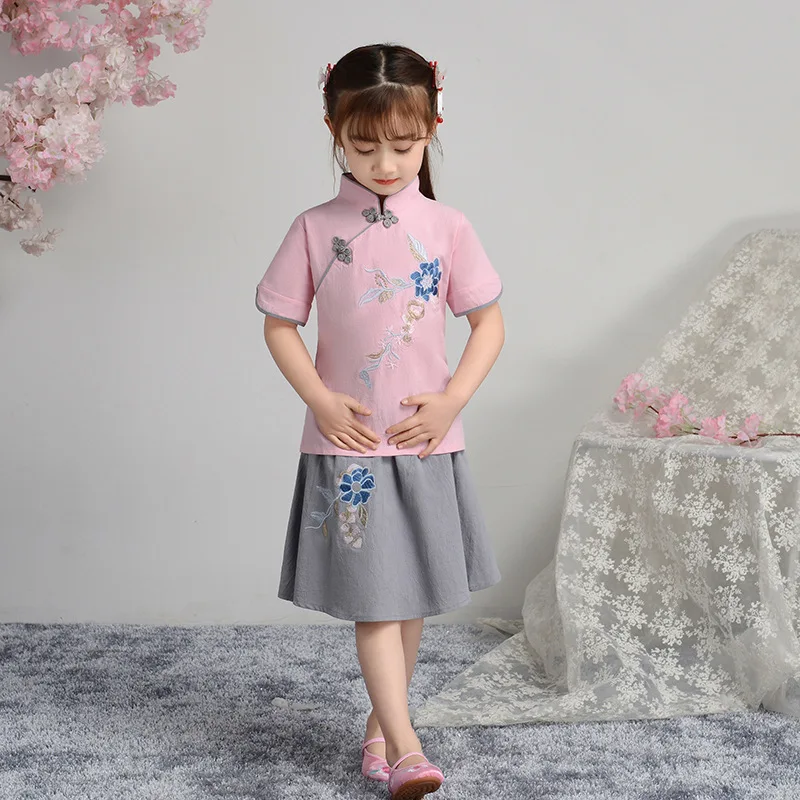 Костюм для девочек китайский национальный стиль Cheongsam из двух частей Хан фу детское ретро платье летние повседневные платья детское платье для выступлений
