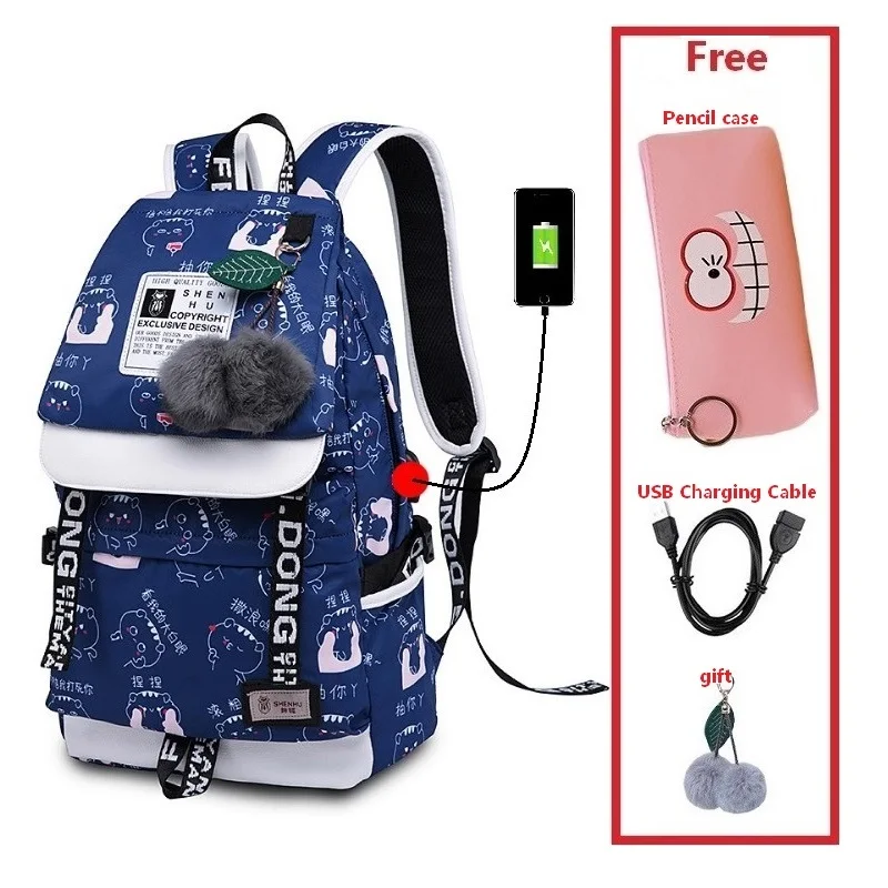 set 25 Новинка, рюкзак для ноутбука для девочек, USB, водонепроницаемый, школьная сумка, высокое качество, для студентов колледжа, брезентовый Рюкзак, escolar, аниме, с рюшами - Цвет: set 25