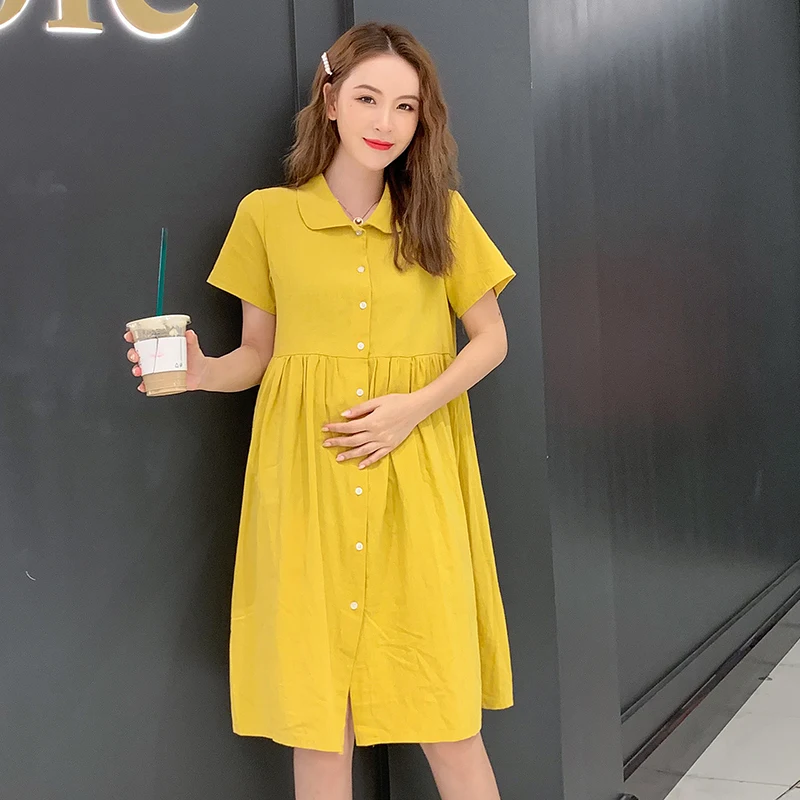 Yellow Long 1867#2 стиля милые хлопковые блузки для беременных платье Лето Свободный, в Корейском стиле; Одежда для беременных; Для женщин Беременность Костюмы - Цвет: Yellow Long