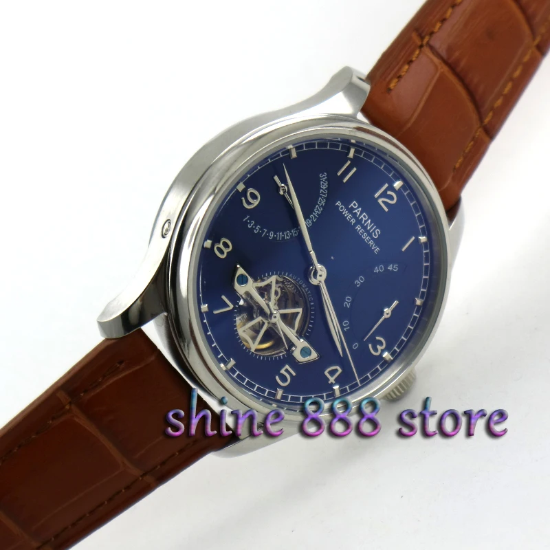 

43mm Parnis watch power reserve blue dial date 2505 Automatic Self-Winding movement Men's watch