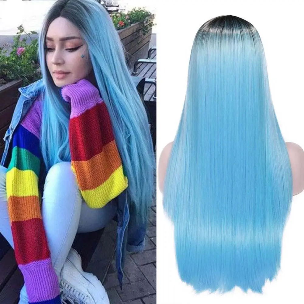 Light Blue Wignee длинные прямые волосы синтетический парик для женщин высокая плотность термостойкие натуральные черные Косплей волосы женские парики - Цвет: Light Blue
